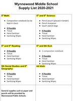 2020-2021 Middle School supply list
