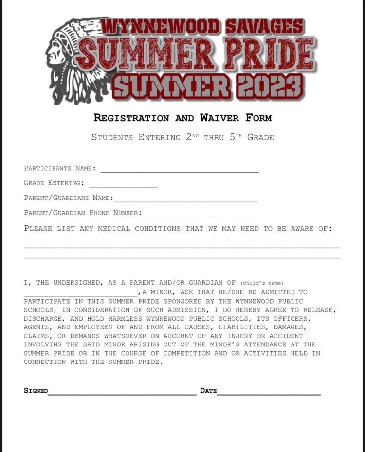 2023 Summer Pride Waiver Form for 2nd - 5th Grades
